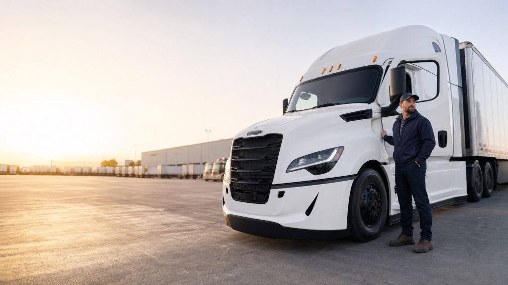 Professional truck driver beside a white Freightliner Cascadia