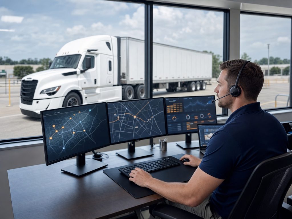 Dispatcher coordinating freight with a white Freightliner Cascadia outside