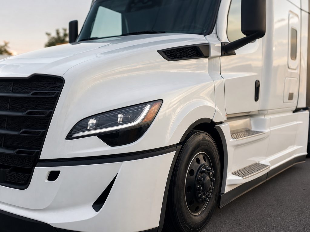 Cab detail of a white Freightliner Cascadia
