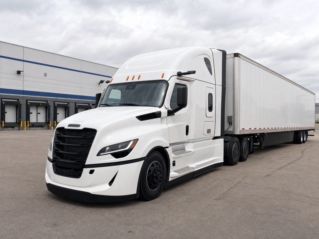 Front three-quarter view of a white Freightliner Cascadia