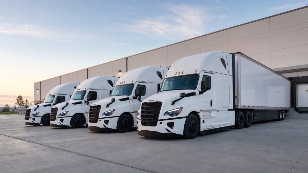Lineup of white Freightliner Cascadia tractors at a carrier terminal