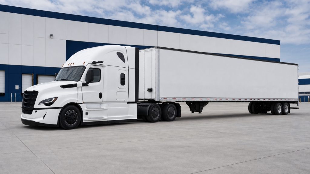 Side profile of a white Freightliner Cascadia and dry van trailer