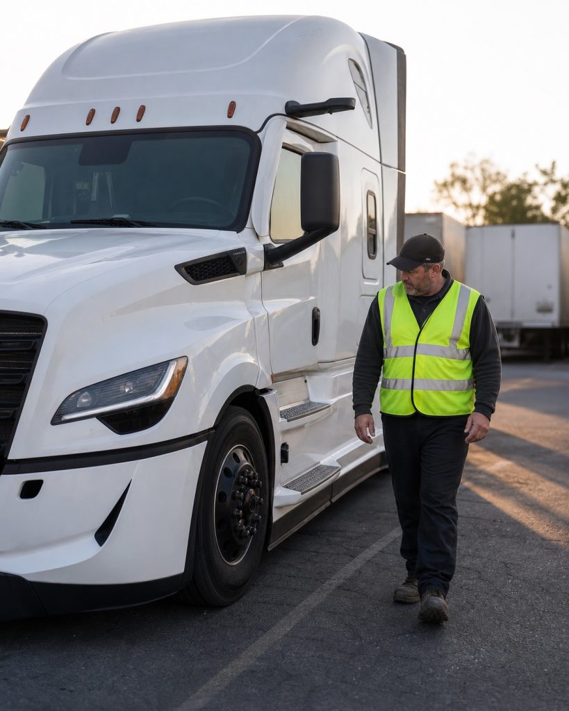 Driver completing a pre-trip inspection beside a white Freightliner Cascadia
