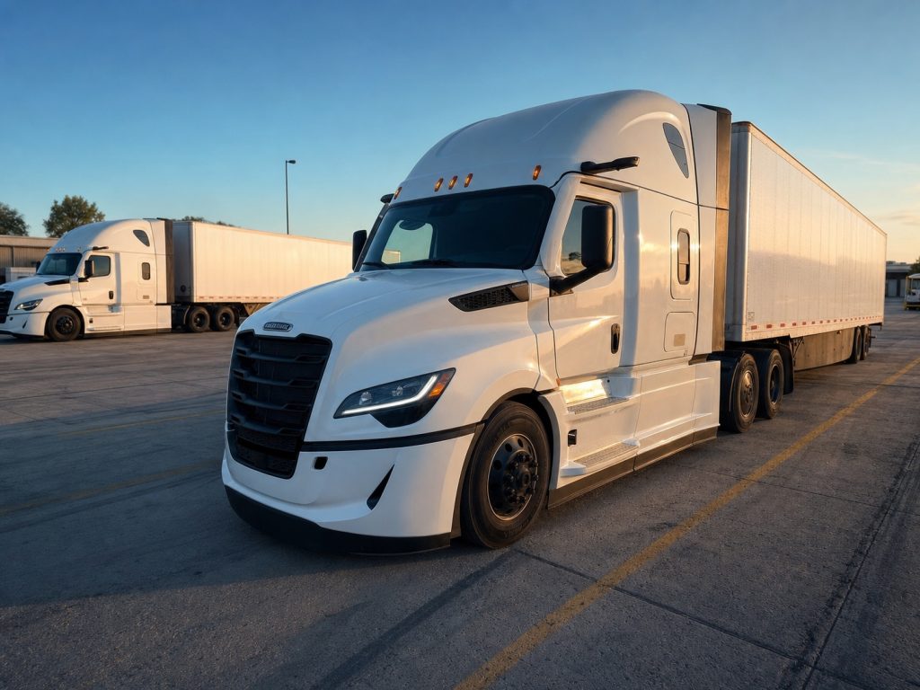 White Freightliner Cascadia trucks lined up at a carrier terminal