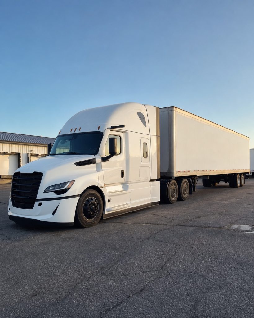 White Freightliner Cascadia at a professional truck terminal